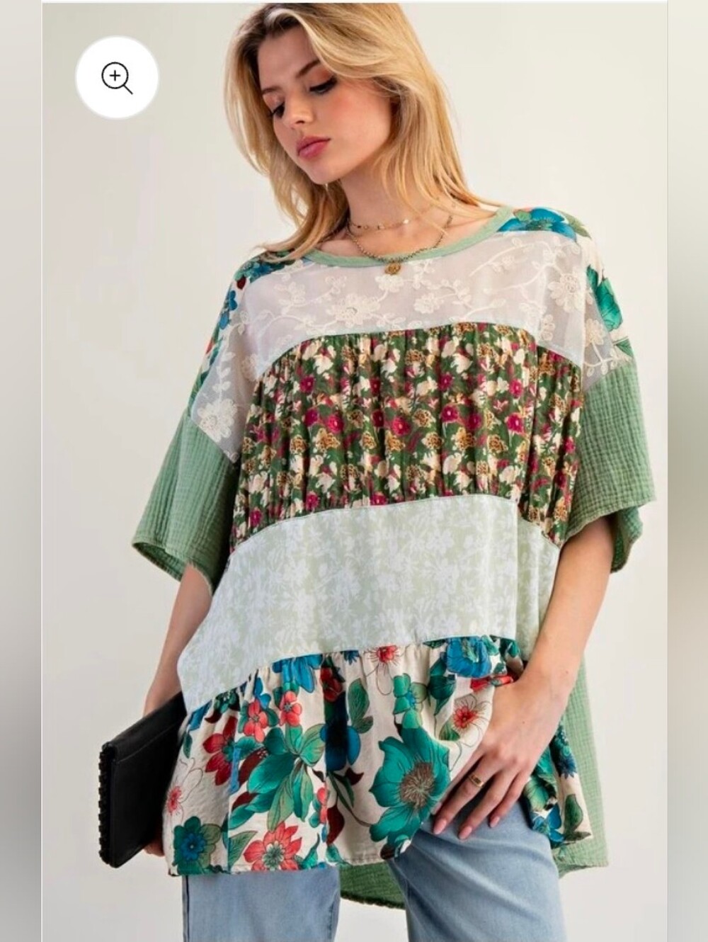 NEW!!! Easel Floral Patchwork Peasant Top in Green, Sz Large, NWT - Picture 3 of 5